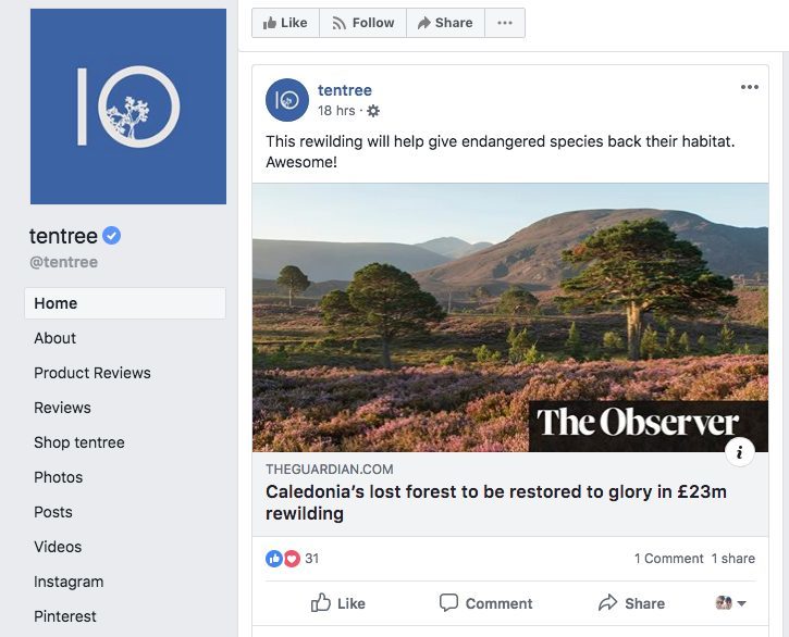 tentree's Facebook page shows that they care about helping the environment, not just making sales.