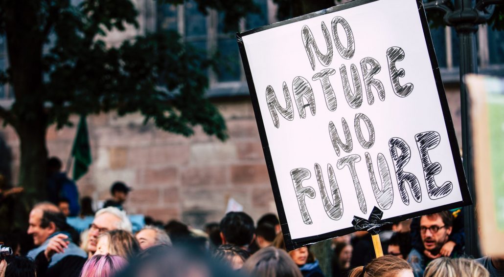 markus-spiske-iZYJzBWXfYA-unsplash climate crisis heading image - no nature no future sign being held at rally