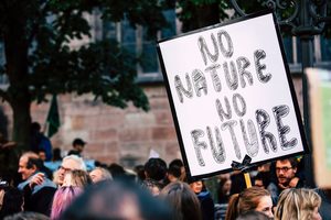 climate crisis heading image - no nature no future sign being held at rally